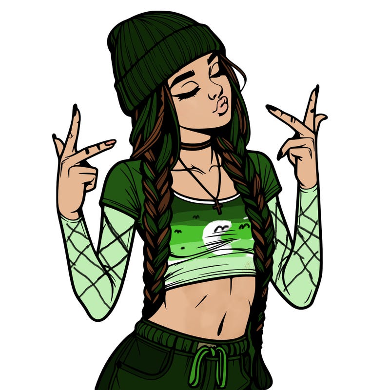 realistic teenage girl with braids and a beanie and crop top doing 🫶🏼