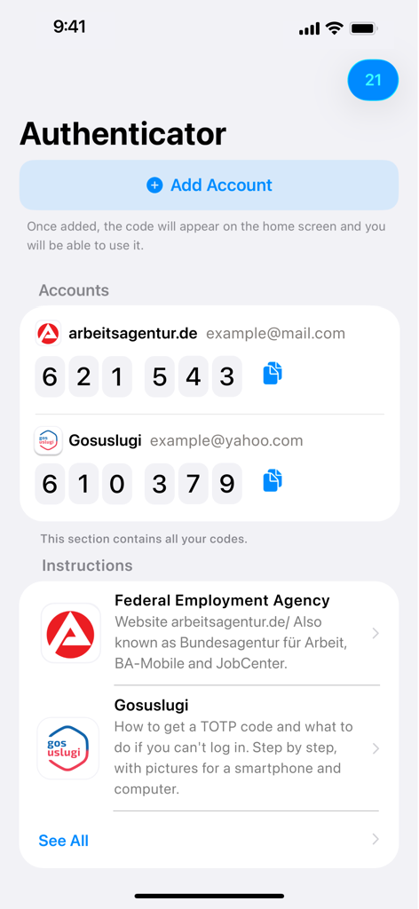 TOTP Authenticator app interface displaying 2FA codes for accounts and links to setup tutorials.