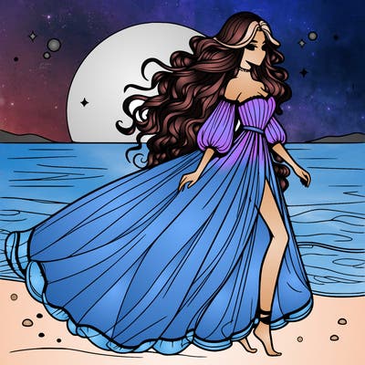 beautiful woman with a vaporous long dress walking on the beach at the noon, detailed art