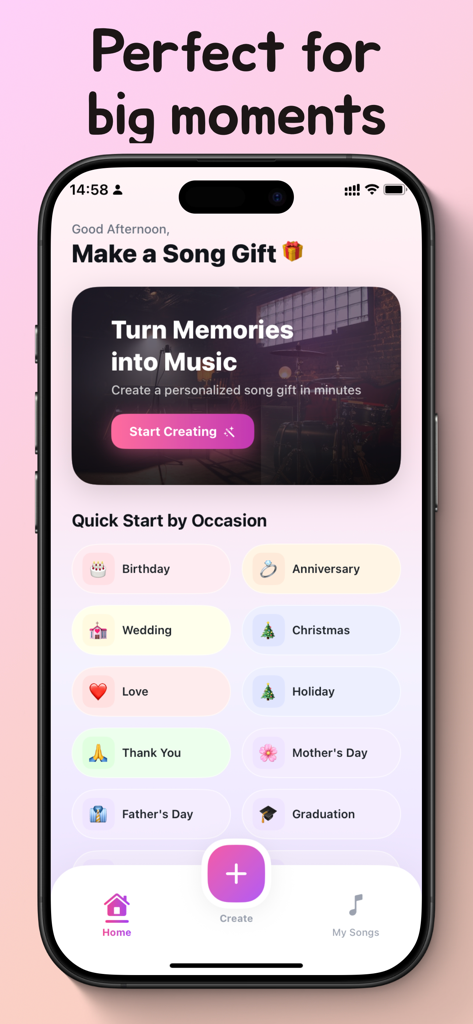 Songloom: AI Song Maker - Pantalla de inicio de la aplicación Songloom AI Song Maker con opciones de inicio rápido de regalos de canciones por ocasión como cumpleaños y aniversario