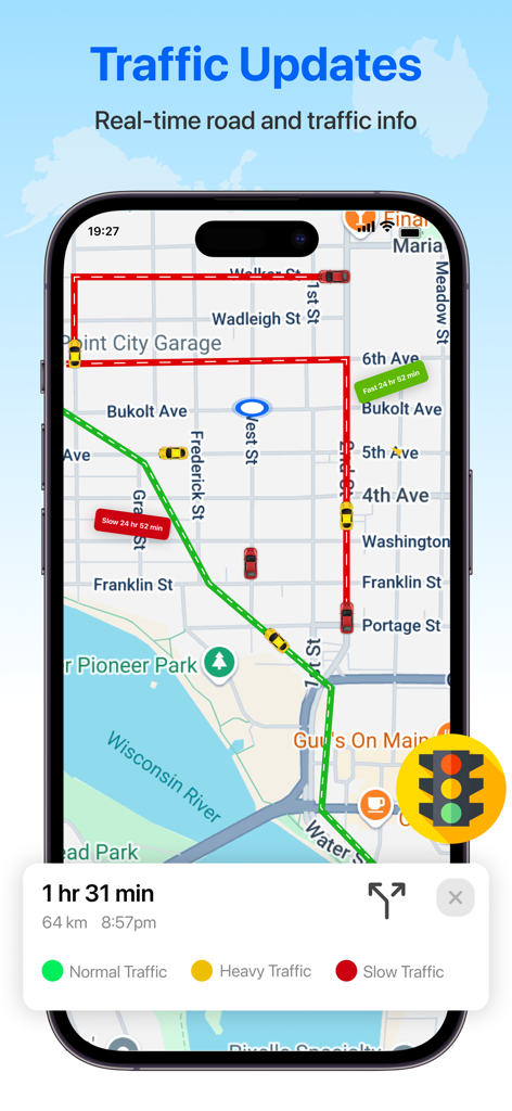 GPS Maps & Voice Navigation - GPS navigation interface showing real time traffic updates and estimated travel time on a map.