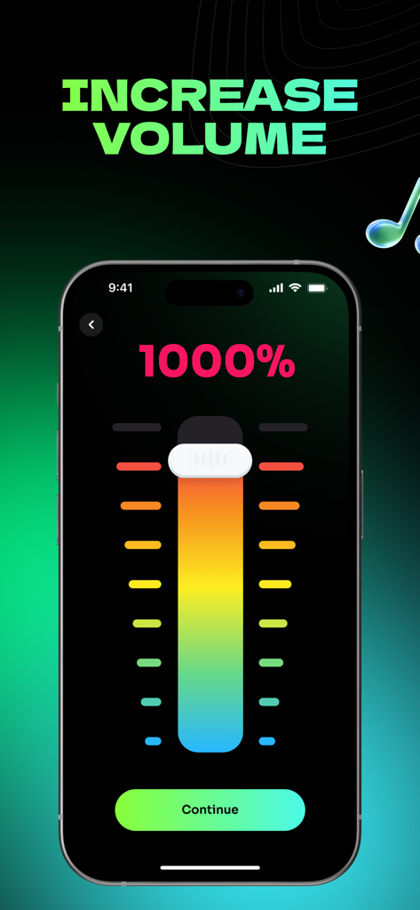 Volume & Bass Booster - Power - Volume booster app interface with a slider set to one thousand percent
