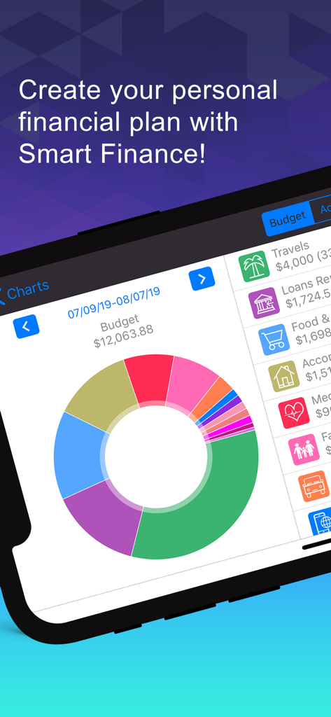 Smart Finance & Budget - Smart Finance app displaying a colorful budget donut chart with expense categories like travels and loans