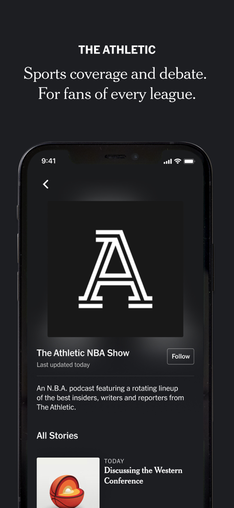 NYT Audio - A smartphone screen showing The Athletic NBA Show podcast and sports coverage on the NYT Audio app