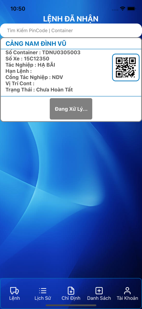GMD SmartPort - Mobile app interface showing container order details at Nam Dinh Vu Port with a QR code for digital gate operations.