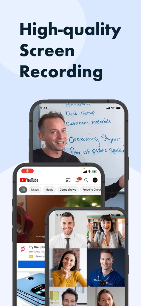 Awesome Screen Recorder app interface showing high-quality screen recording examples with facecam and tutorials on three iPhones