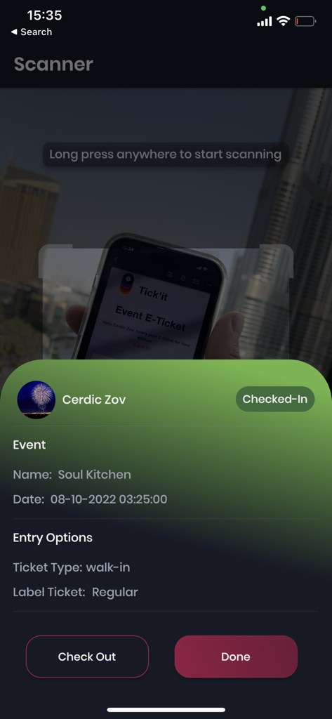 Tick'It Manager - Tick'It Manager scanner screen showing a guest successfully checked into an event