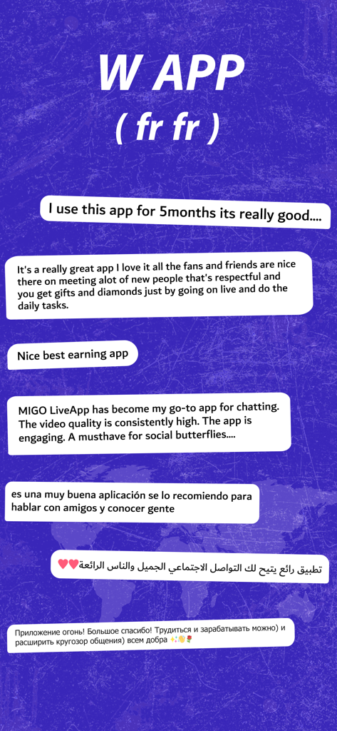 여러 언어로 된 Migo Live 소셜 네트워킹 앱의 긍정적인 사용자 리뷰 모음