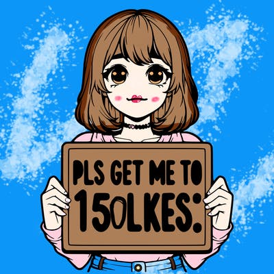 realistic girl holding up a sign that says “pls get me to 15 likes!”