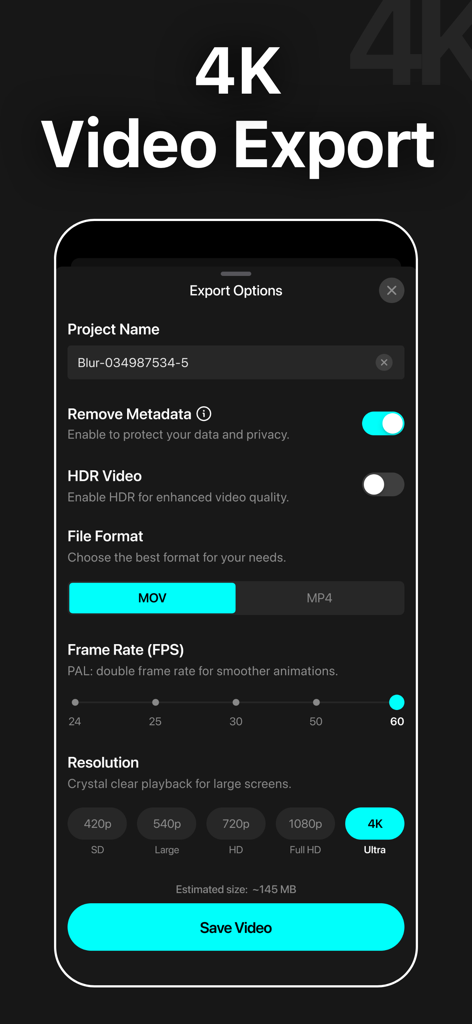 Screenshot der Videoexportoptionen in der Blur Video App, der 4K-Auflösung und Datenschutzeinstellungen zur Entfernung von Metadaten zeigt