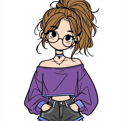 girl with a messy ponytail glasses a baggy crop top and jean shorts