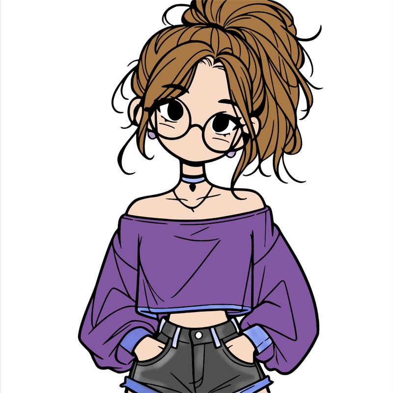 girl with a messy ponytail glasses a baggy crop top and jean shorts
