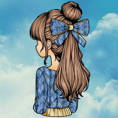 realistic girl  with hip length hair a bun and a big bow on the back of head