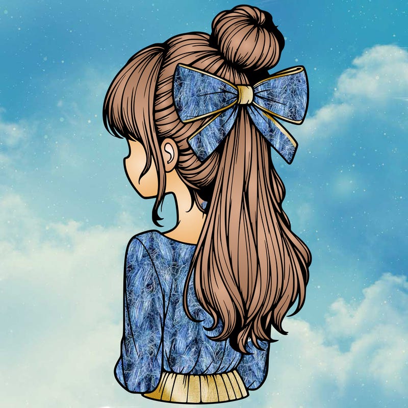 realistic girl  with hip length hair a bun and a big bow on the back of head