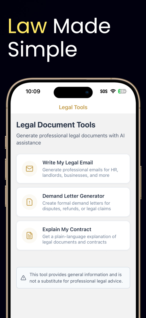My AI Lawyer - Smartphone screen of the My AI Lawyer app displaying features like legal email writing, demand letter generation, and contract explanations.
