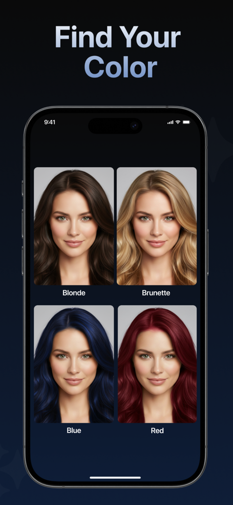 Hairly AI: Hairstyle Try On - Hairly AI app interface showing four virtual hair color options on a woman including blonde brunette blue and red