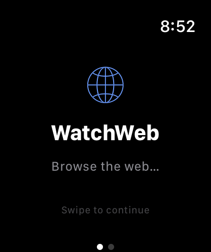 WatchWeb app splash screen on Apple Watch showing the logo and welcome text