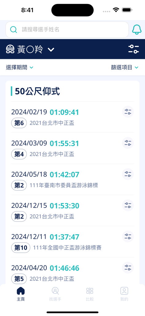 台灣游泳 - Mobile app interface showing a chronological list of swimming competition results and performance times for a specific athlete.