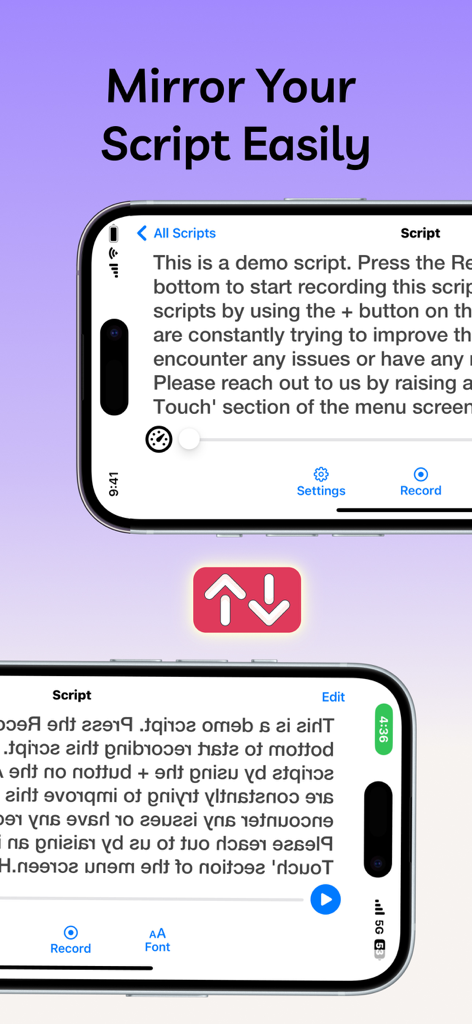 Floating Notes Teleprompter - Schermata dell'iPhone che mostra la funzione di testo speculare nell'app Teleprompter Note Fluttuanti per l'uso con teleprompter professionali.