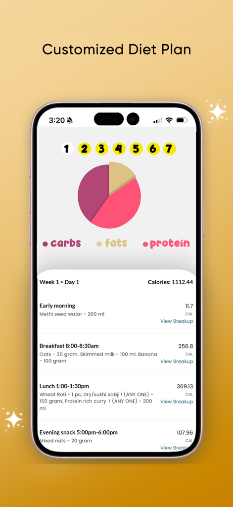 ImWow - ImWow app screen showing a customized diet plan with a macronutrient breakdown pie chart and a detailed daily meal log