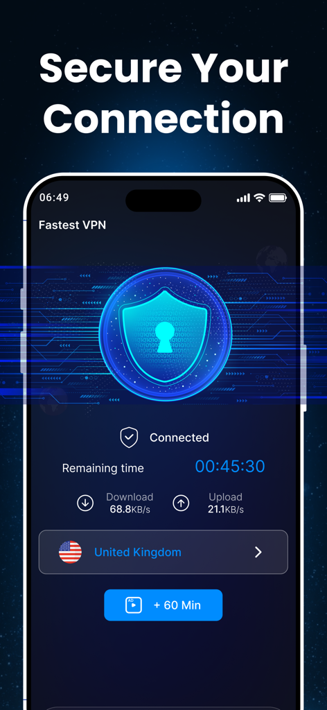 Free VPN - Fast Proxy Master - Interface of Free VPN showing a secure connection to a United Kingdom server with download and upload speeds