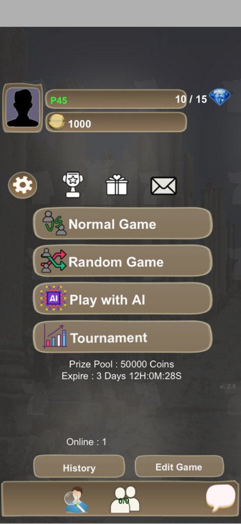 Chess Online (International) - Pantalla del menú principal de la aplicación Ajedrez Online Internacional con opciones de torneo y partida contra IA