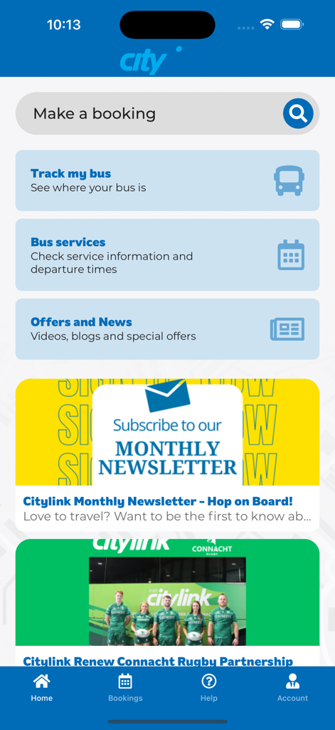 Irish Citylink - Écran d'accueil de l'application Irish Citylink avec suivi des bus et options de réservation.