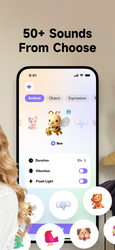 ClapFinder : Clap Find Phone - ClapFinder app interface showing animal sound choices and settings like vibration and flashlight to help find a lost phone