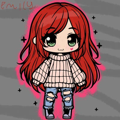 chibi girl with ripped jeans,long hair, and an oversized sweater