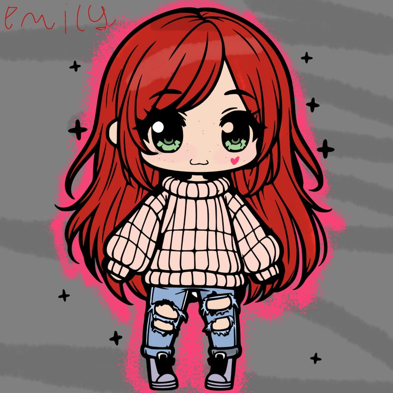 chibi girl with ripped jeans,long hair, and an oversized sweater