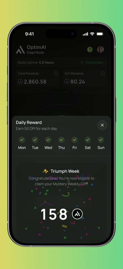 OptimAI Edge Node - OptimAI Edge Nodeアプリのインターフェース。毎週の報酬ストリークと獲得したデジタル資産が表示されます。