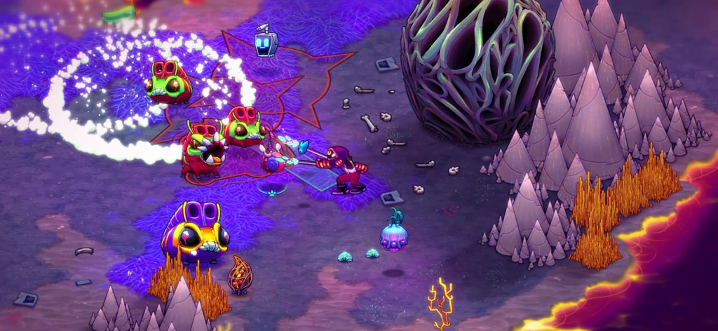 Flux Dabes fighting colorful alien creatures in a vibrant landscape in Crashlands 2