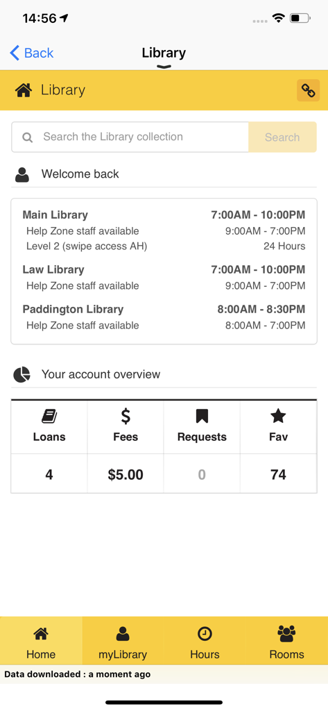 UNSW Uni-Verse: Official - UNSW Uni-Verse app library screen showing campus library hours and student account overview with loans and fees