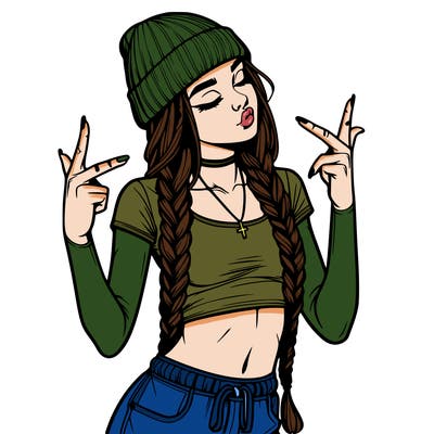 realistic teenage girl with braids and a beanie and crop top doing 🫶🏼