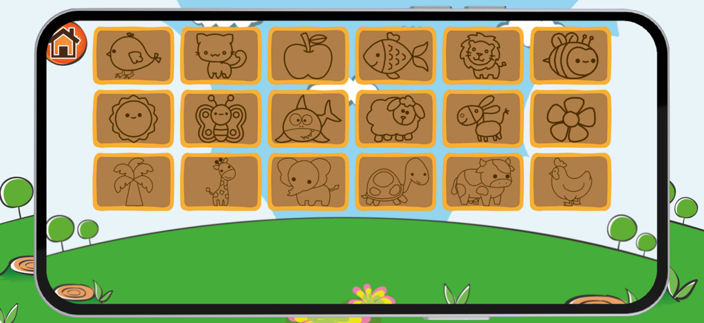 Trace draw letters and numbers - Grid of cartoon animal and object icons for children to select and trace
