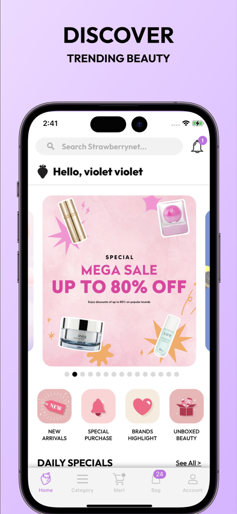 Strawberrynet- Beauty Shopping - Interface do aplicativo de compras de beleza Strawberrynet mostrando um banner de mega promoção com oitenta por cento de desconto