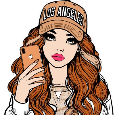 realistic beautiful girl wearing los ángeles cap holding an iphone