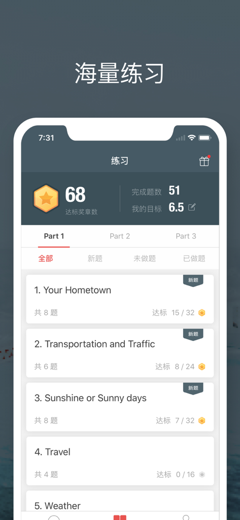 Mobile app interface of Liulishuo IELTS showing a dashboard with study progress and a list of speaking practice topics for Part 1 such as Your Hometown and Travel.