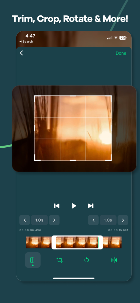 Video Converter, Compressor - Mobile app interface for trimming cropping and rotating videos with a grid overlay