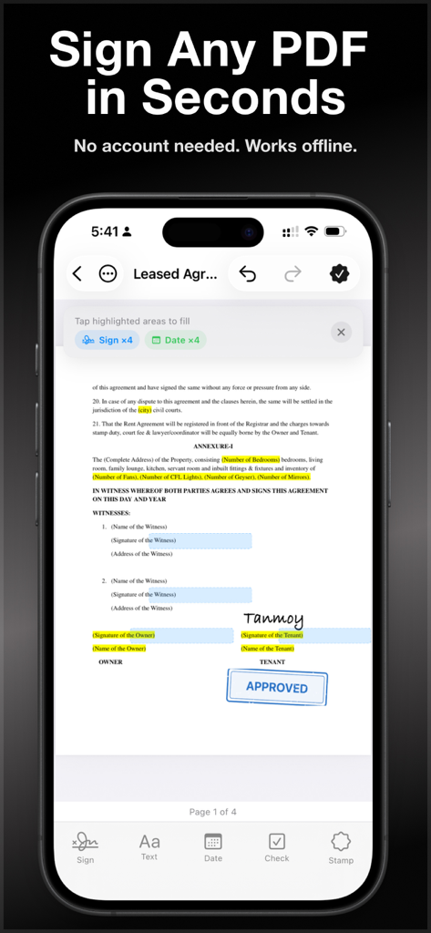 署名ツールメニューと承認スタンプが表示された、署名済み賃貸契約書のiPhone上のeSign PDFアプリのインターフェース。