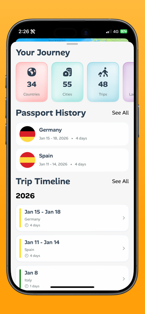 Pantalla de la aplicación móvil que muestra estadísticas de viajes de países y ciudades con un historial de pasaporte y una línea de tiempo de viajes