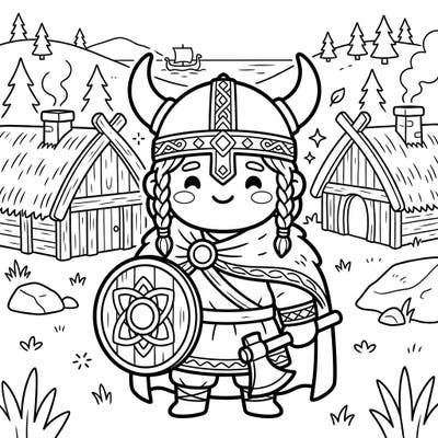 Journey to a land of fjords and longships with our delightful Kawaii Viking Settler coloring page. This charming character, complete with helmet, shield, and axe, offers a unique blend of historical adventure and adorable artistry perfect for all ages.