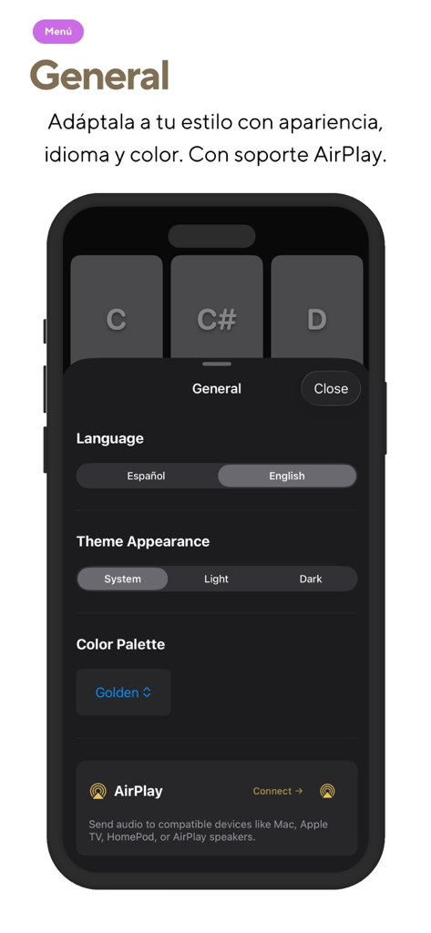 Padline - Screenshot of Padline app general settings for language theme and AirPlay support