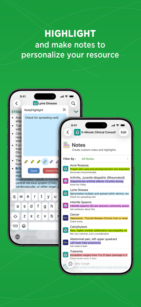 5 Minute Clinical Consult - Dos pantallas de iPhone que demuestran la capacidad de agregar y administrar notas personalizadas y resaltados codificados por colores para afecciones médicas dentro de la aplicación.