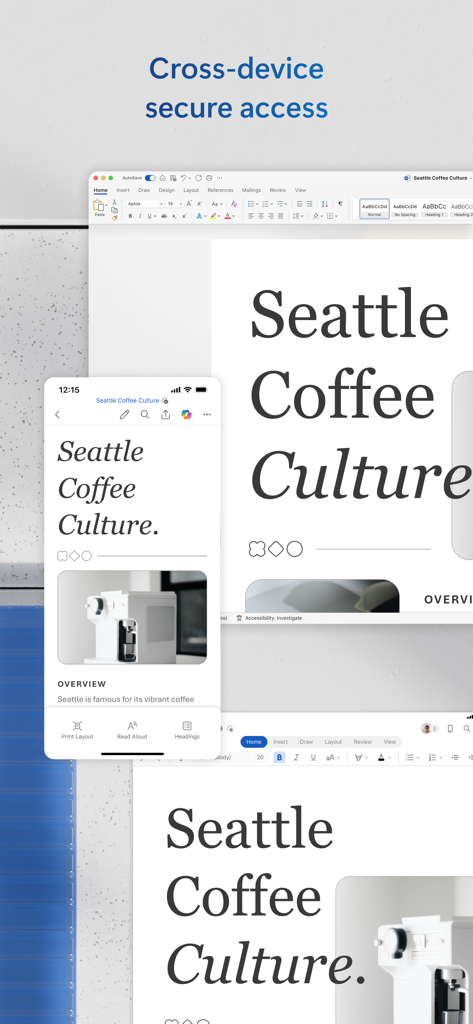 Microsoft Word interface showing the same document on a smartphone and a desktop screen for cross device access