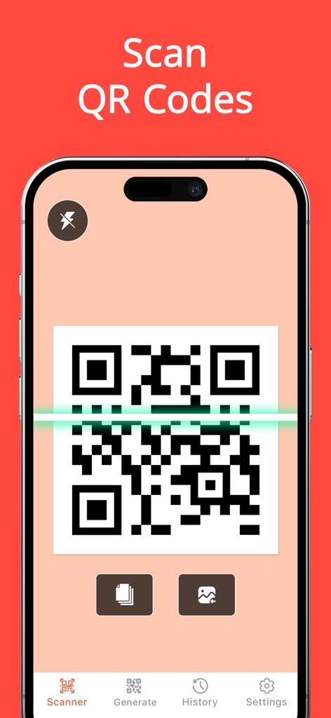 Uma tela de iPhone mostrando a interface de Digitalizar Códigos QR com uma linha de digitalização verde sobre um código