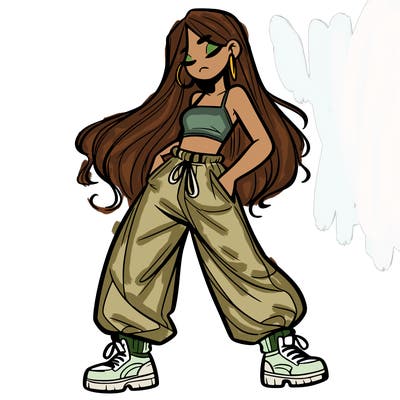 girl in baggy pants crop top and long hair