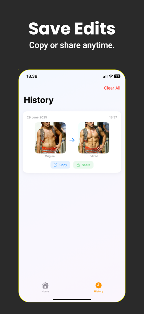 Abs Body Editor ◦ Retouch AI - Interfaz de la aplicación Abs Body Editor que muestra el historial de fotos retocadas por IA con comparaciones de músculos abdominales de antes y después