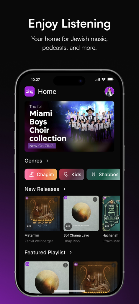 Startbildschirm der Zing jüdischen Musik-Streaming-App mit koscheren Musikgenres und Playlists