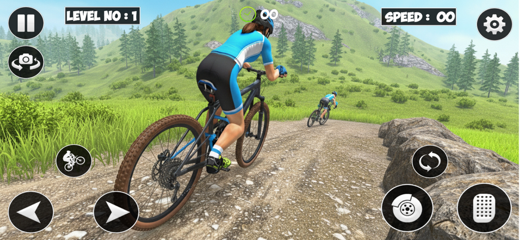 BMX Racing: Bicycle Rider Game - Bicycle rider racing through a green mountain path in BMX Racing game